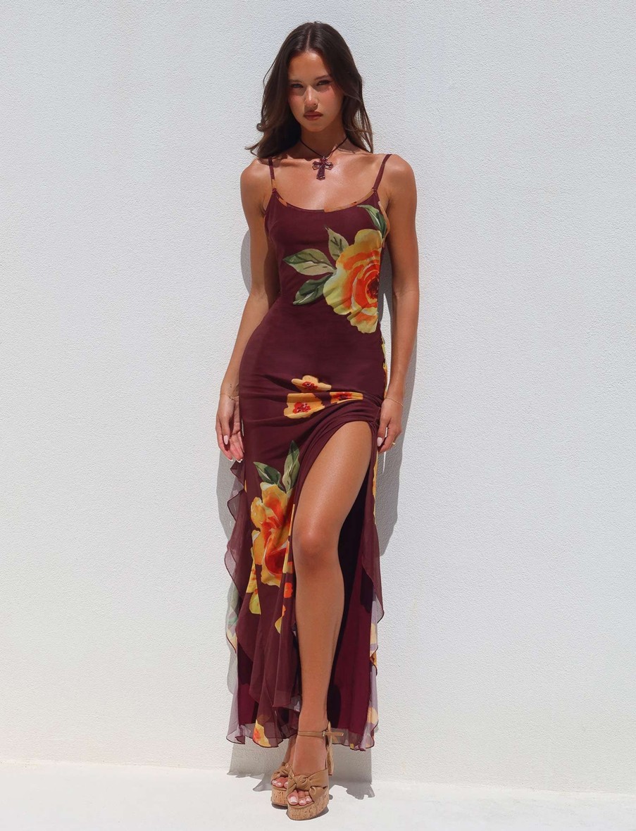 Resort Wear Tiger Mist | Neve Dress - Red : Macro Floral : Burgundy Floral